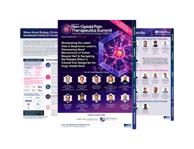 Event guide for the 2nd Non-Opioid Pain Therapeutics Summit featuring the 2027 agenda, expert speakers and pain drug development insights